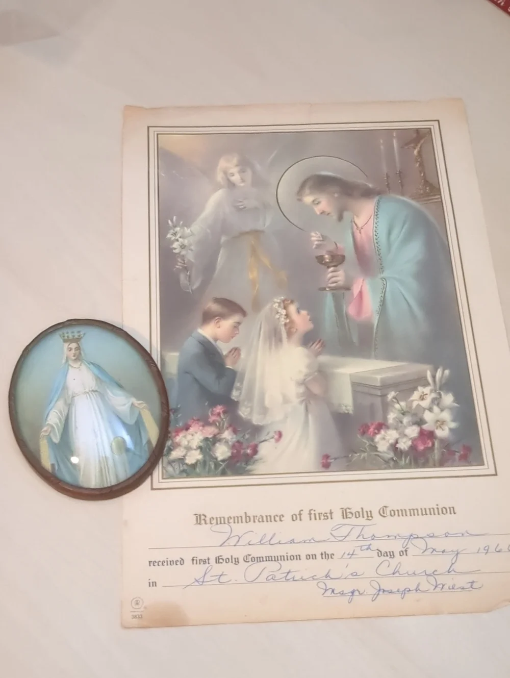 Antique French Religious Medallion And Holy Communion Certificate